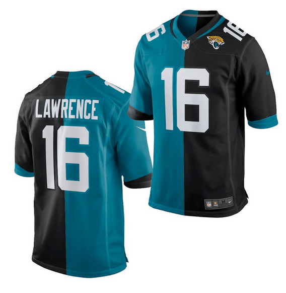 Men's Jacksonville Jaguars #16 Trevor Lawrence 2021 Teal & Black Draft Split Vapor Untouchable Limited Stitched Jersey Men's Jacksonville Jaguars #16 Trevor Lawrence 2021 Teal & Black Draft Split Vapor Untouchable Limited Stitched Jersey